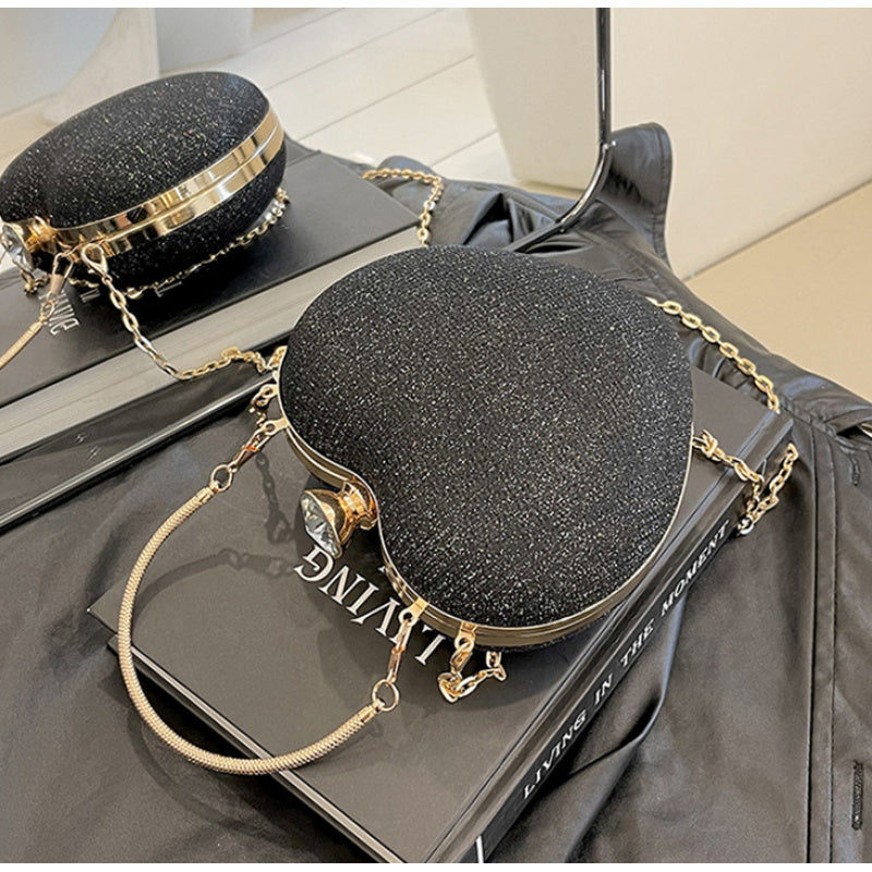 Ladies Fashion Shining Chain Crossbody Bag, Elegant Shoulder Heart Shaped, Metal Embellished, Black, with Buckle Closure, for Party, Wedding, Date